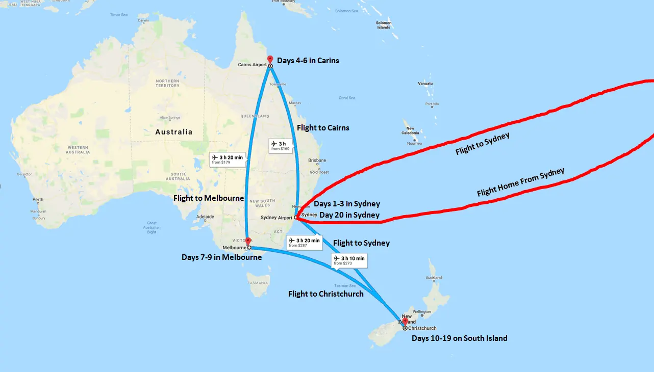 Rough Australia and New Zealand Itinerary Map