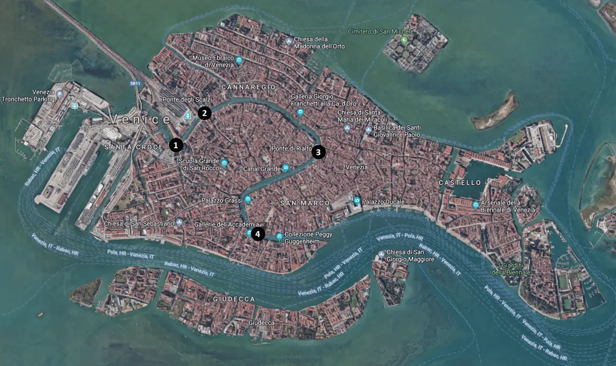 Venice travel guide - Venice Grand Canal Briges Map