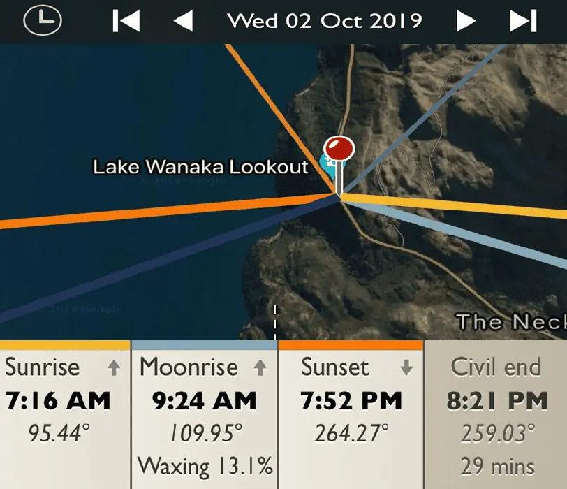 Lake Wanaka Lookout - Sunrise and Sunset Detail Map
