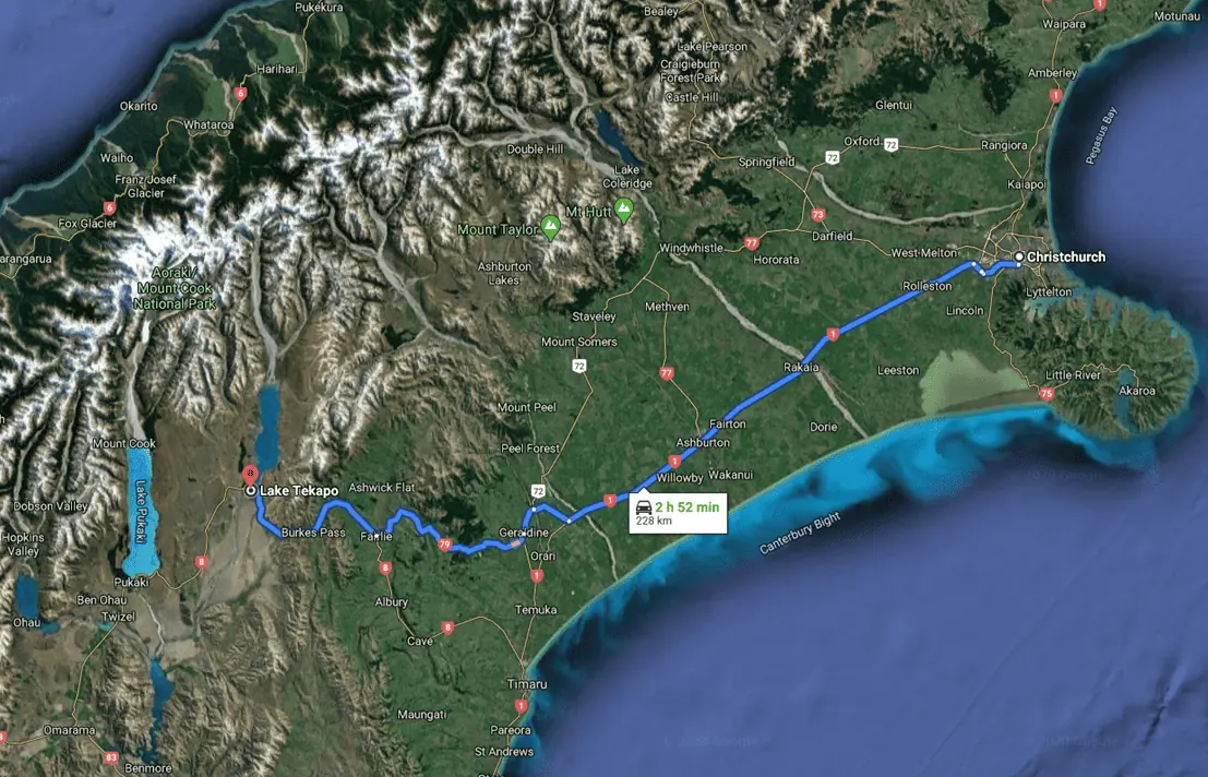 New Zealand South Island Itinerary - Christchurch to Lake Tekapo Driving Map