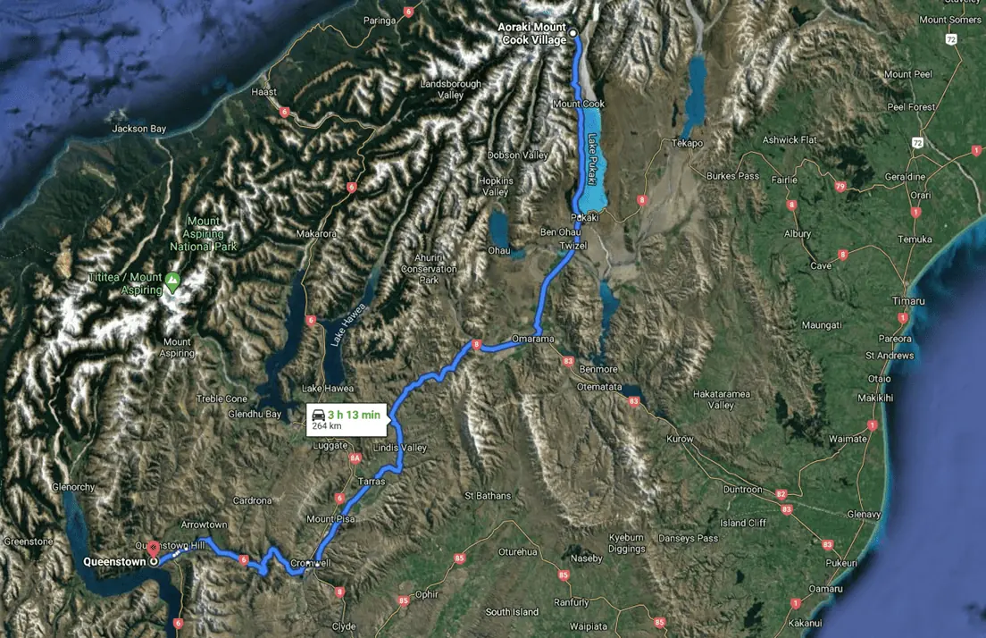 New Zealand South Island Itinerary - Mount Cook Village to Queenstown Driving Map
