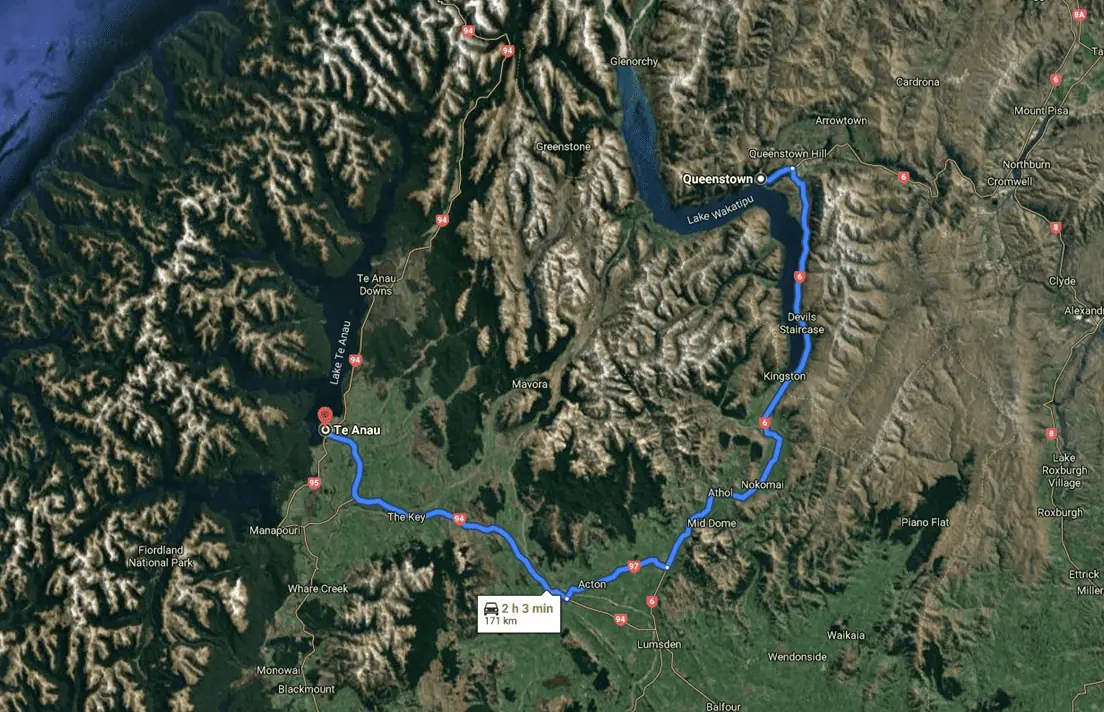 New Zealand South Island Itinerary - Queenstown to Te Anau Driving Map