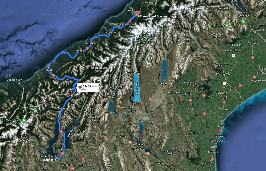 New Zealand South Island Itinerary - Wanaka to Franz Josef Glacier Driving Map