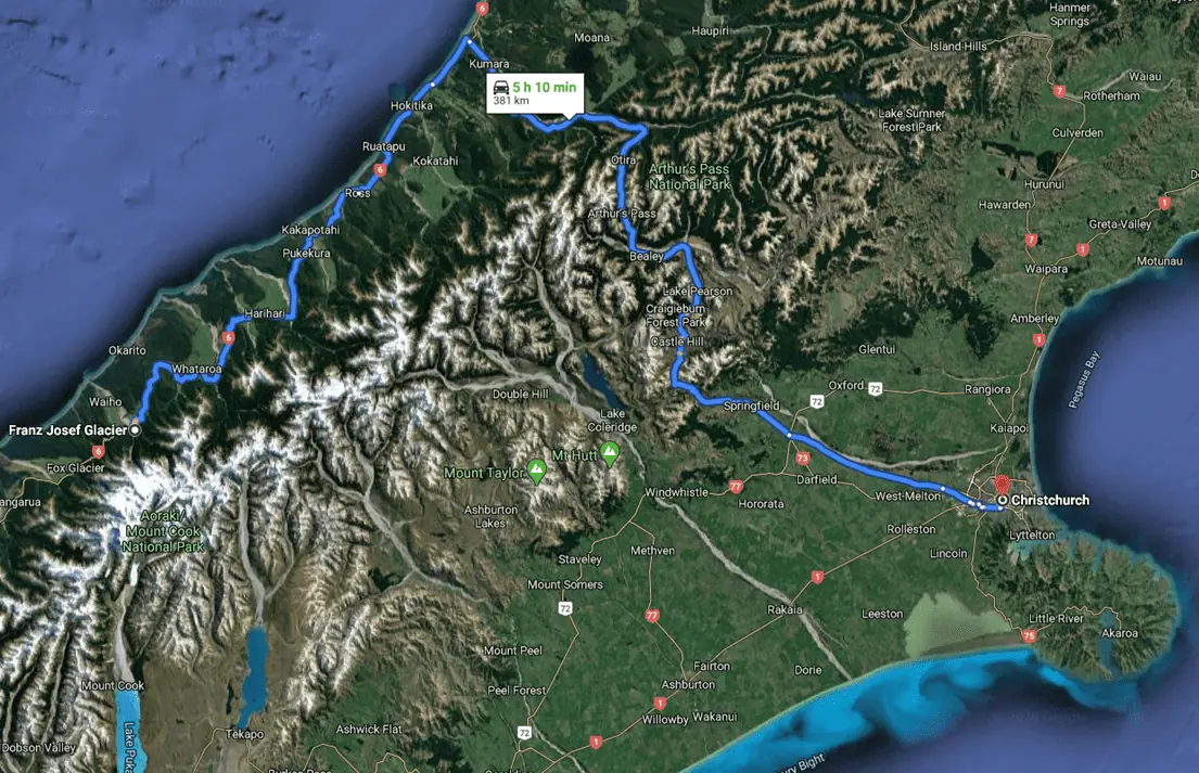 New Zealand South Island Itinerary - Franz Josef Glacier to Christchurch Driving Map