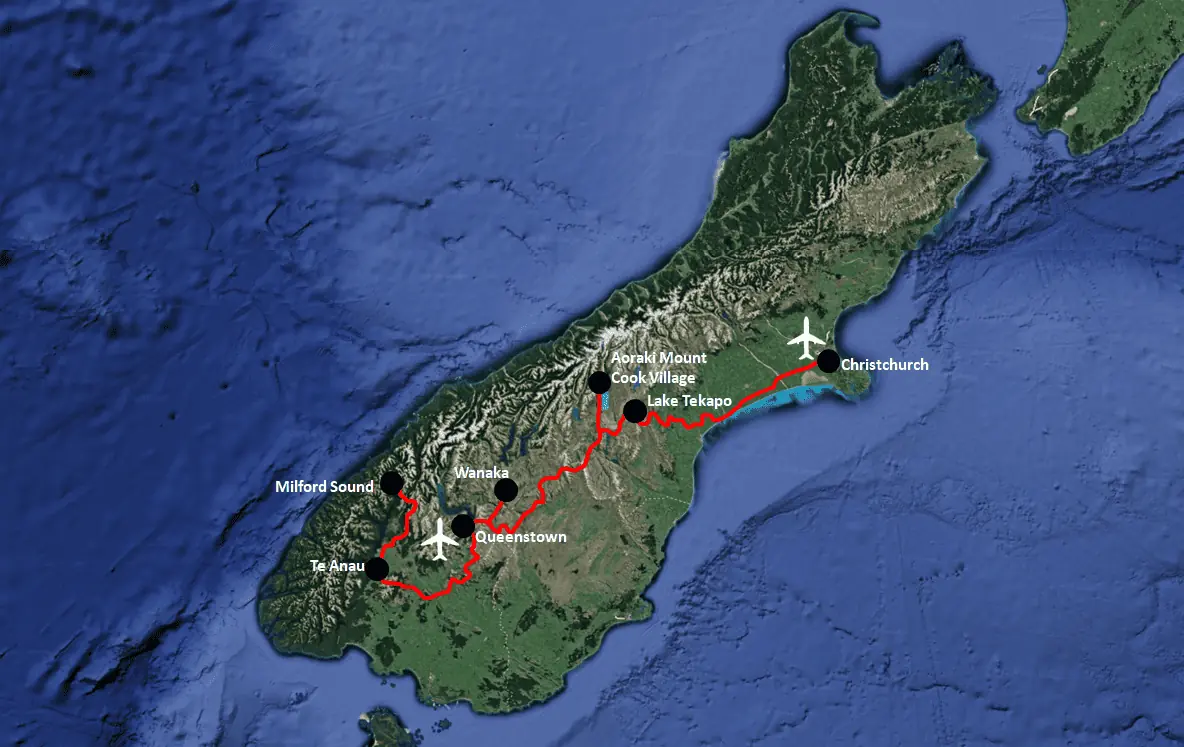 New Zealand South Island Itinerary Map Without Fran Josef