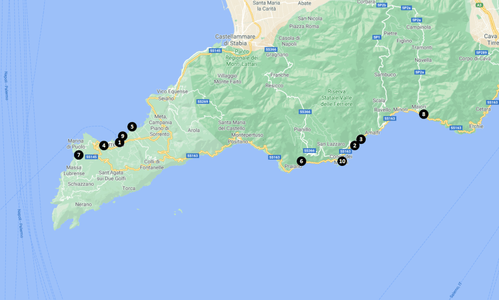 Amalfi Coast Hotels and Hostels Map
