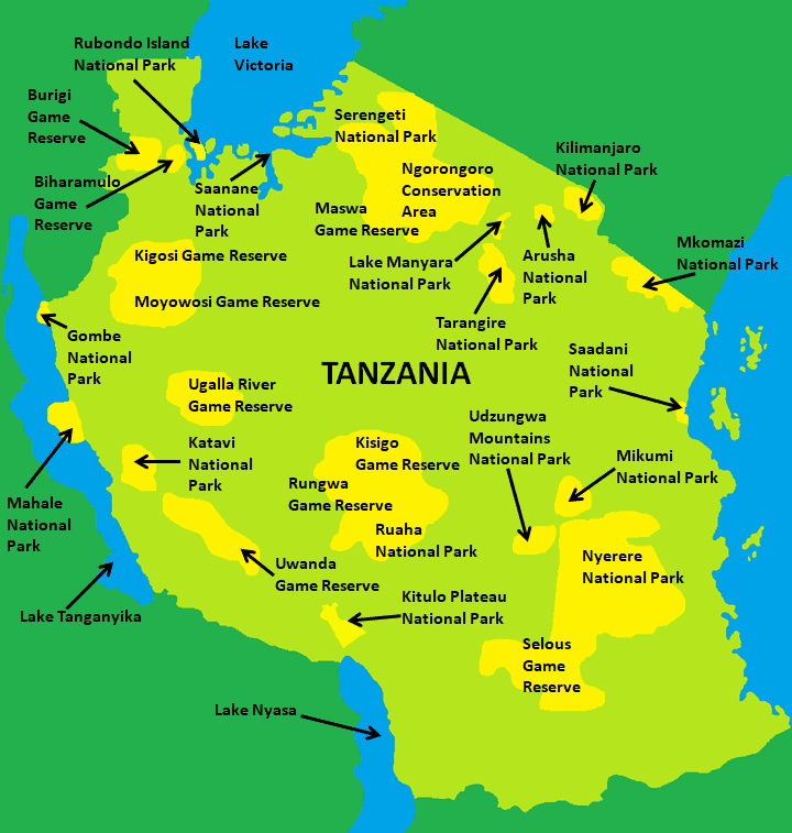 Tanzania Safari Itinerary - Tanzania Wildlife Areas Map